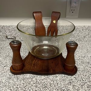 NWOT or Box Vintage MCM Glass Salad Serving Bowl W/Wood Stand, Claws And Shakers